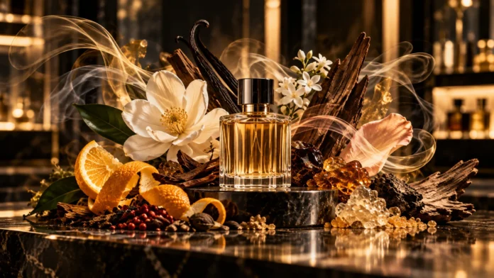 Perfume com flores, resinas, madeiras e especiarias em composição olfativa