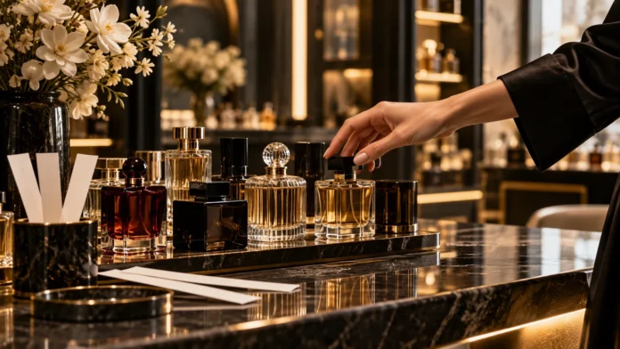 Escolha de perfumes em balcão de perfumaria de luxo
