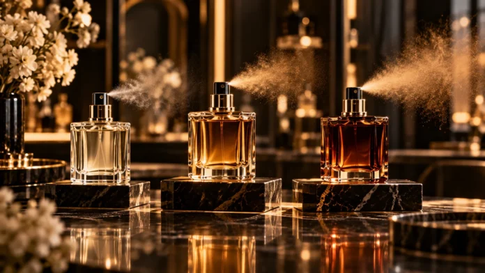 Três fragrâncias com intensidades diferentes em ambiente de perfumaria